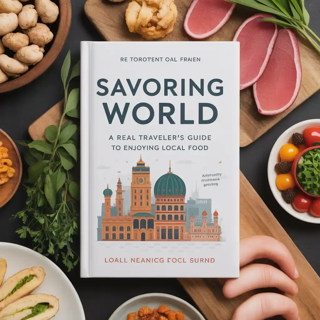 "Traveler enjoying local food at a street market, discovering local culture through cuisine."